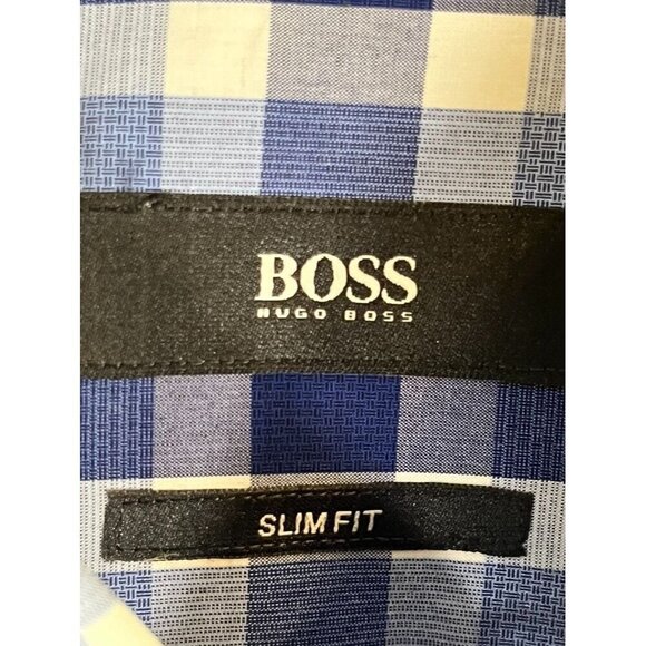 Boss Plaid Shirt 18 Blue Slim Fit Preppy Checks Workwear Coastal Resort Nautical - Picture 2 of 12